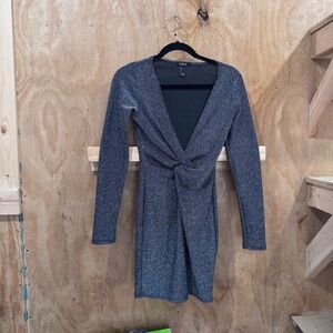 Gray Long Sleeve Plunge Bodycon Cocktail Dress